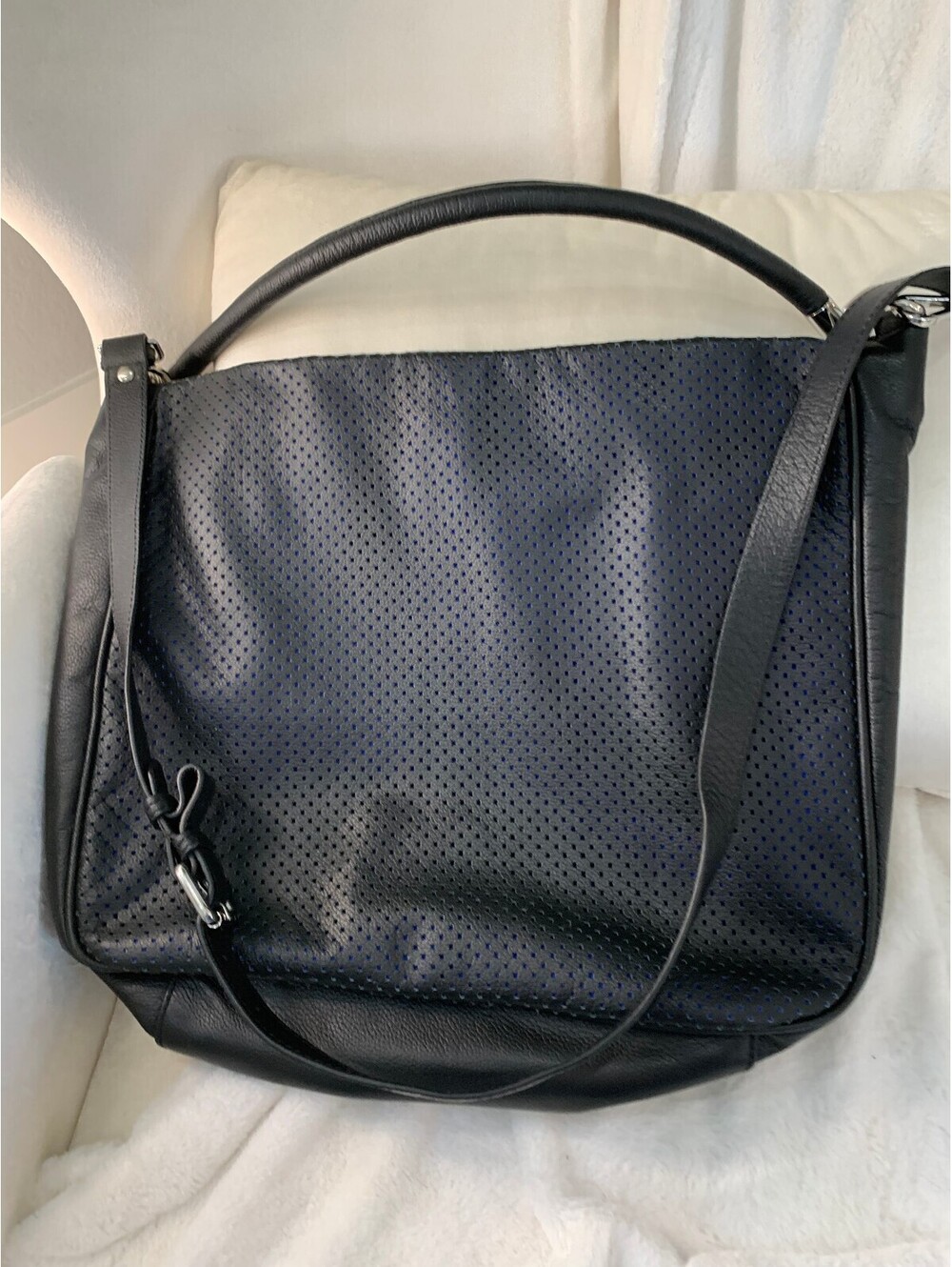 Boeing Black Perforated Leather Shoulder Bag with Blue Liner